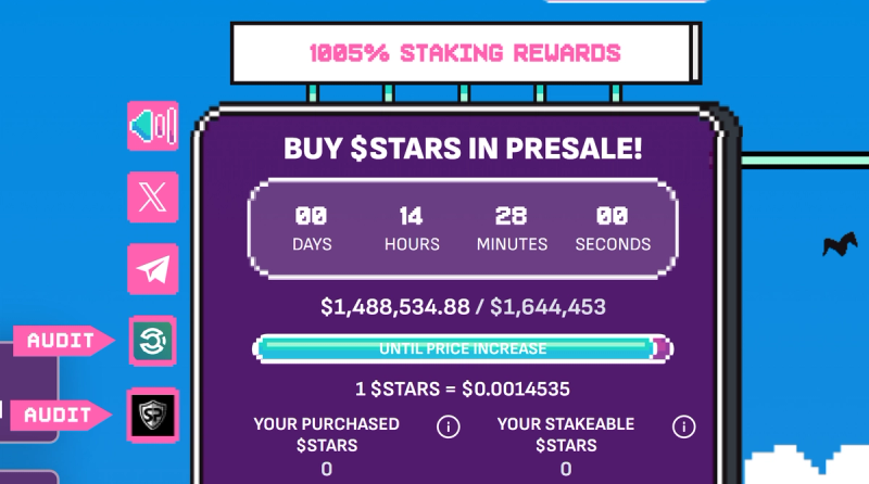 A screenshot from the presale page of Crypto All-Starts with the text '1005% STAKING REWARDS' written on the top